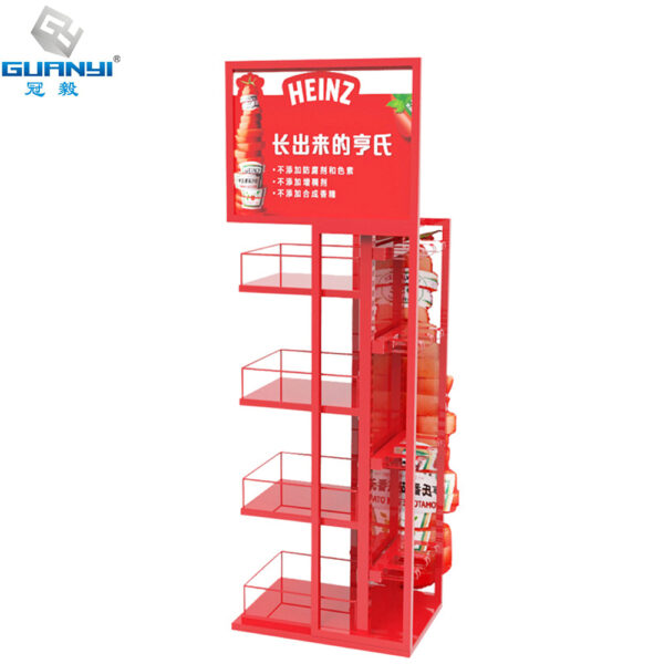Red 4-tier, 4-tier ketchup condiment display rack with hooks on the sides